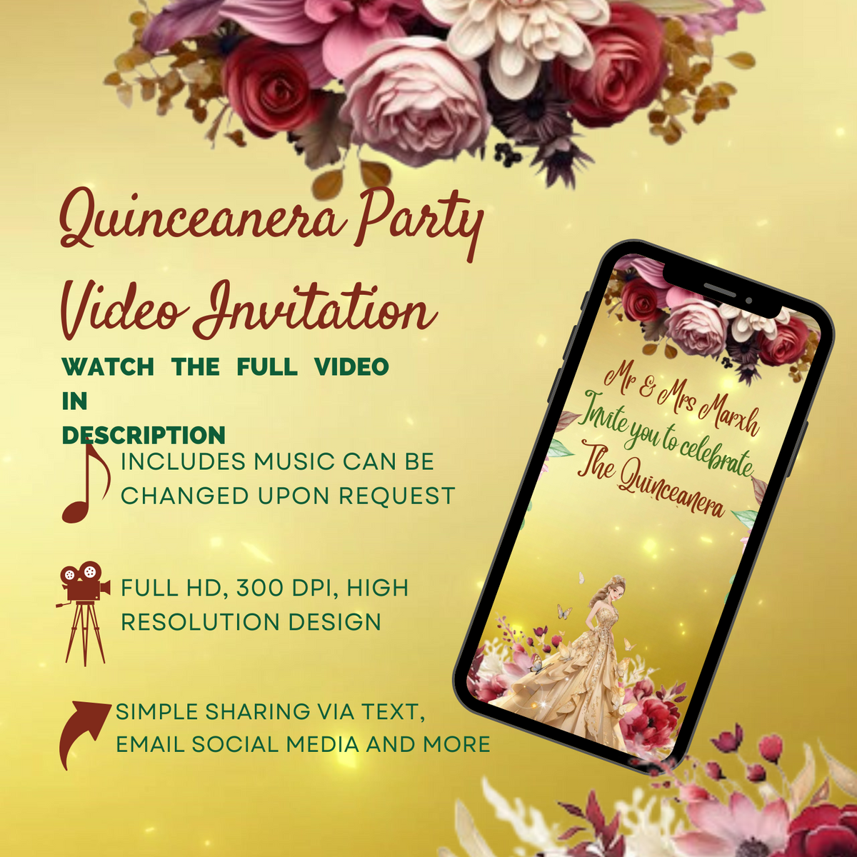 Gold &amp; Burgundy Quinceanera Party Theme Video Invitation - Gold &amp; Burgundy Theme Digital invite Invite