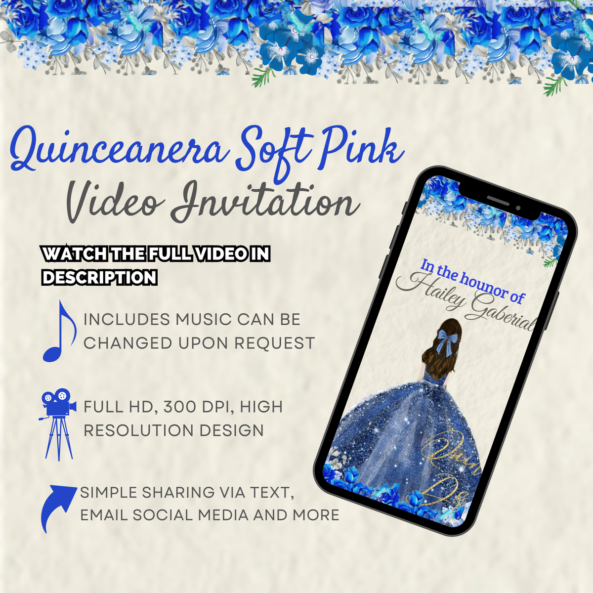 Quinceañera Royal Blue Theme Digital Party Invitation – Elegant Animated Video Invite