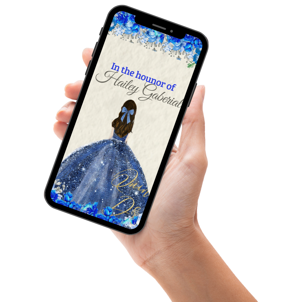 Quinceañera Royal Blue Theme Digital Party Invitation – Elegant Animated Video Invite