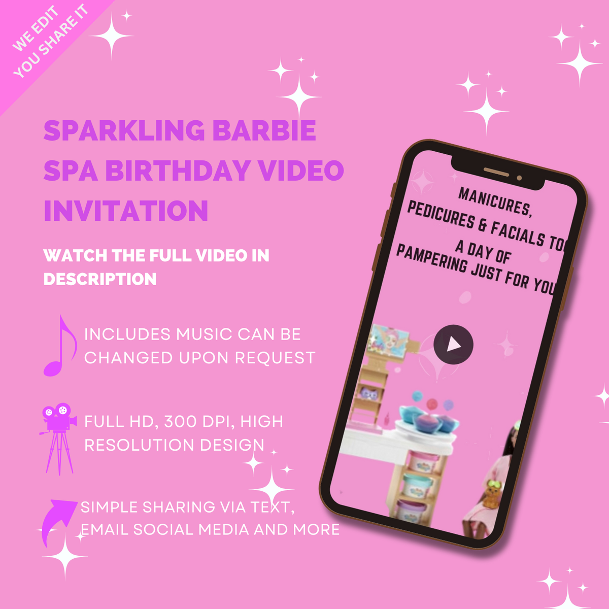 Sparkling Barbie Spa Birthday Video Invitation – Glam Barbie Themed Digital Party Digital Invite