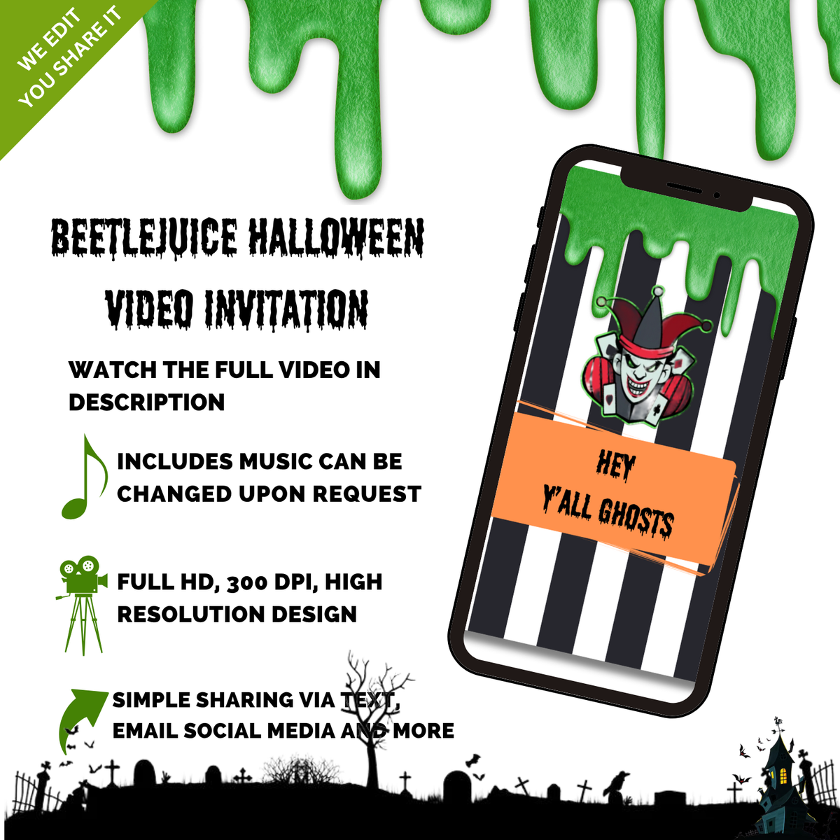 Halloween Beetlejuice Theme Digital Invitation – Spooky Halloween Party Video Invite