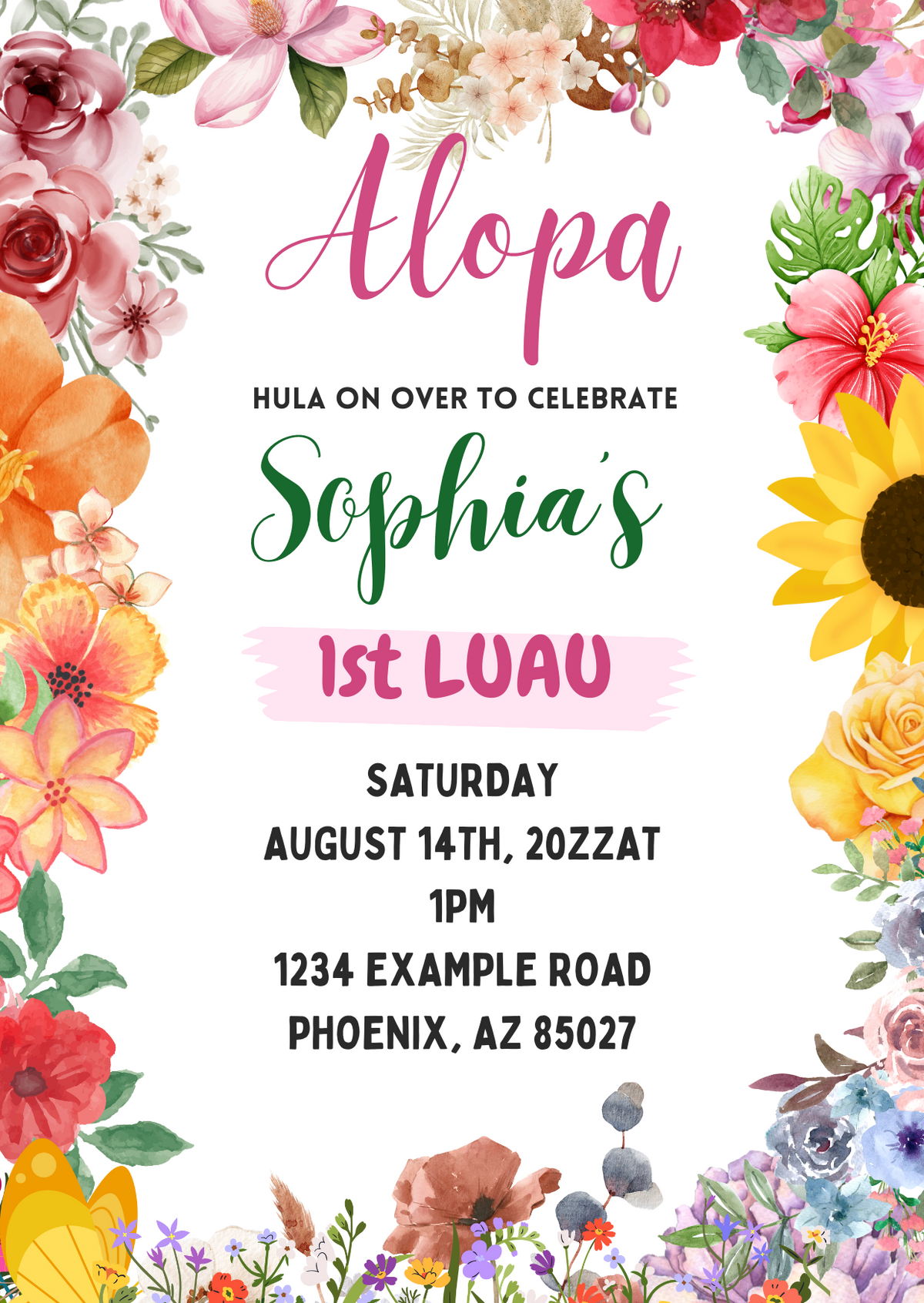 Colorful Luau Birthday Card Party Digital Invitation - Lively Tropical Theme for a Fun Celebration