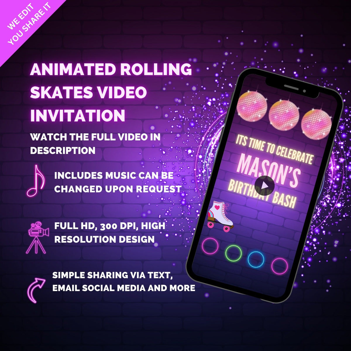 Glow in the Dark Skating Birthday Video Invitation - Digital Party Invite for Kids