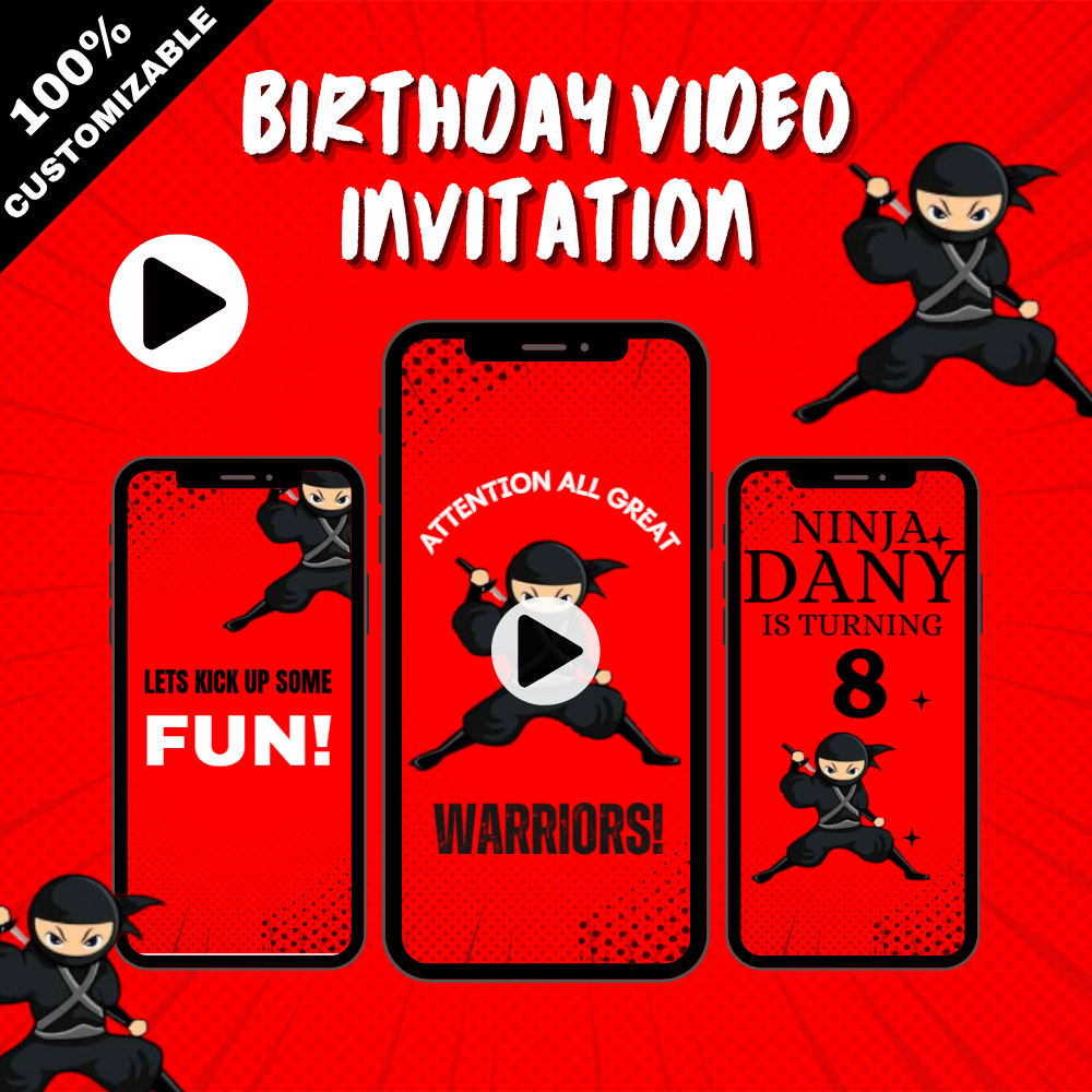 American Ninja Boy Birthday Video Invitation – Ninja Themed Party Digital Invite for Kids