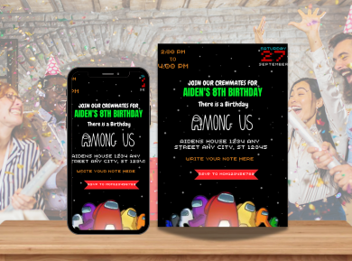Among Us Kids  Birthday Party Invitation – Digital Party Card Invitation For Kids