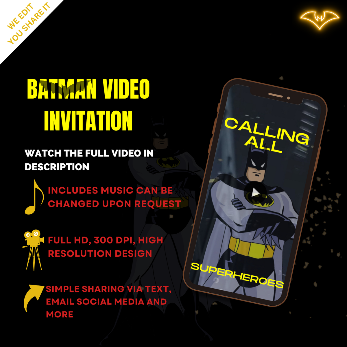 Batman Theme Birthday Video Invitation – Animated Superhero Party Digital Invite for Kids