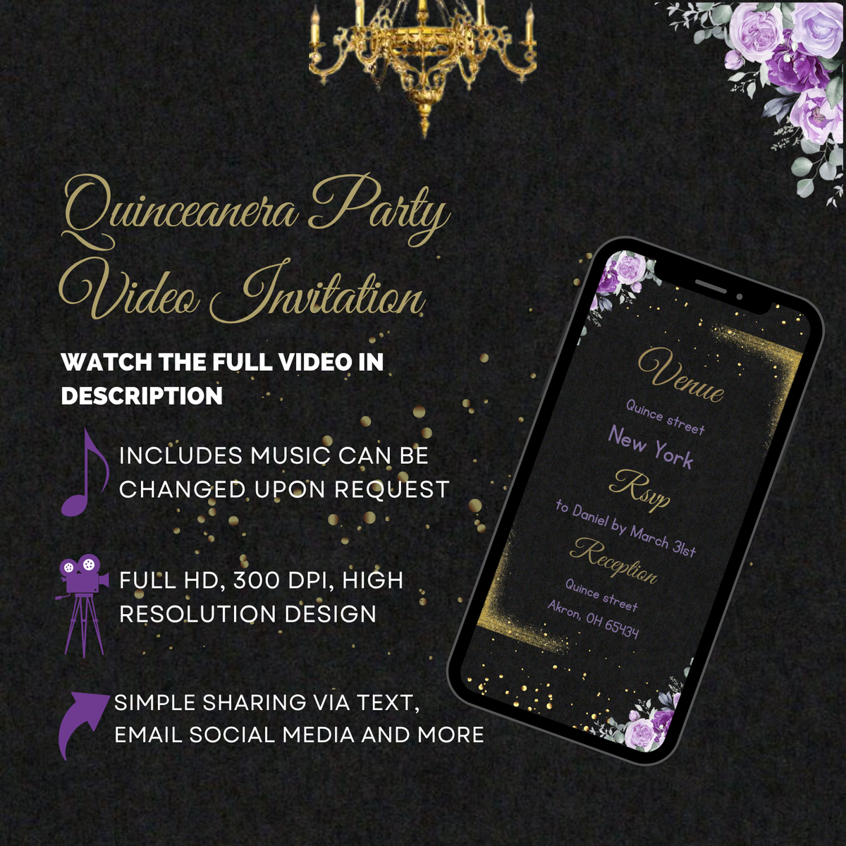 Lavender Princess Quinceañera Video Invitation – Black, Purple &amp; Gold Theme Digital Invite