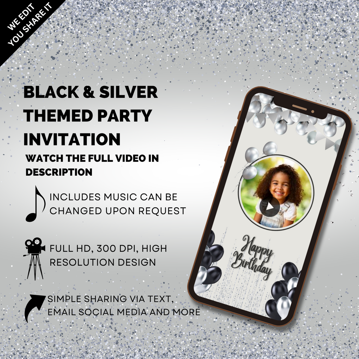Animated Black &amp; Silver Birthday Video Invitation – Elegant Theme Party Digital Invite