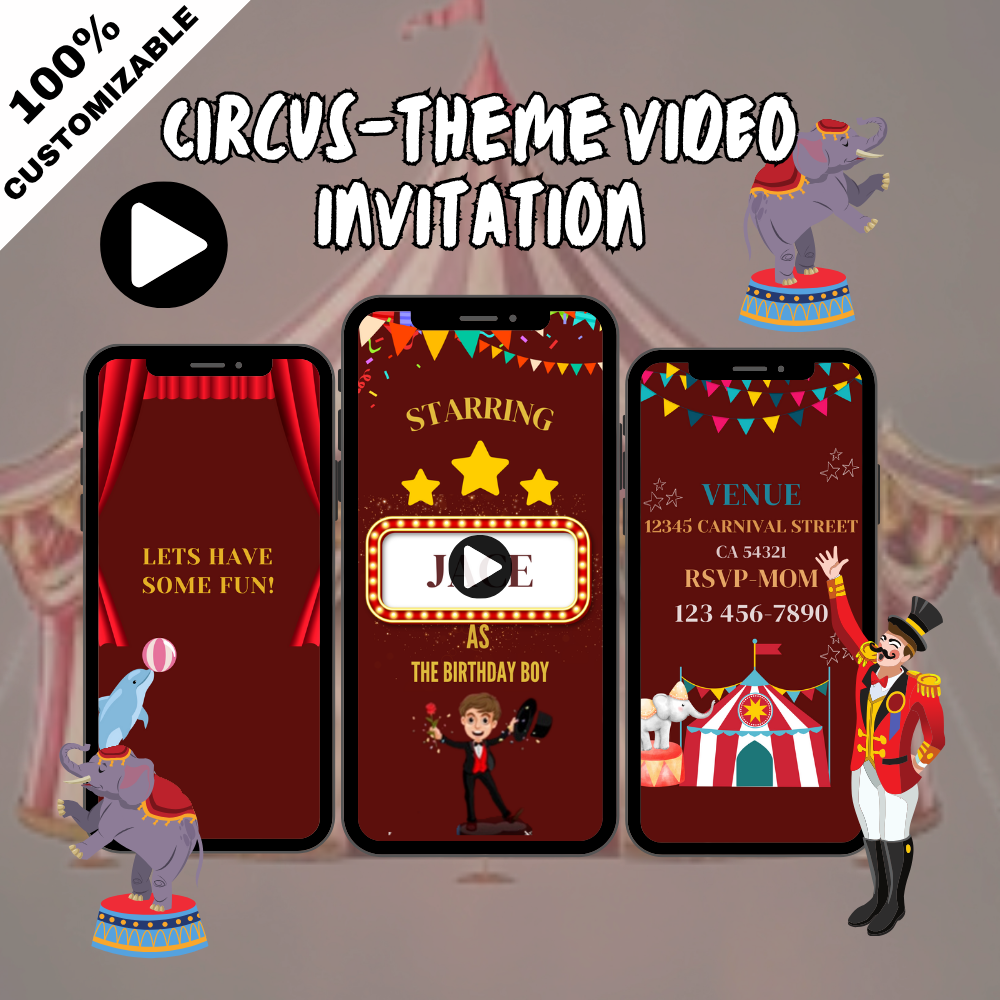 Animated Circus Birthday Video Invitation – Custom Circus Themed Party Digital Invite for Kids