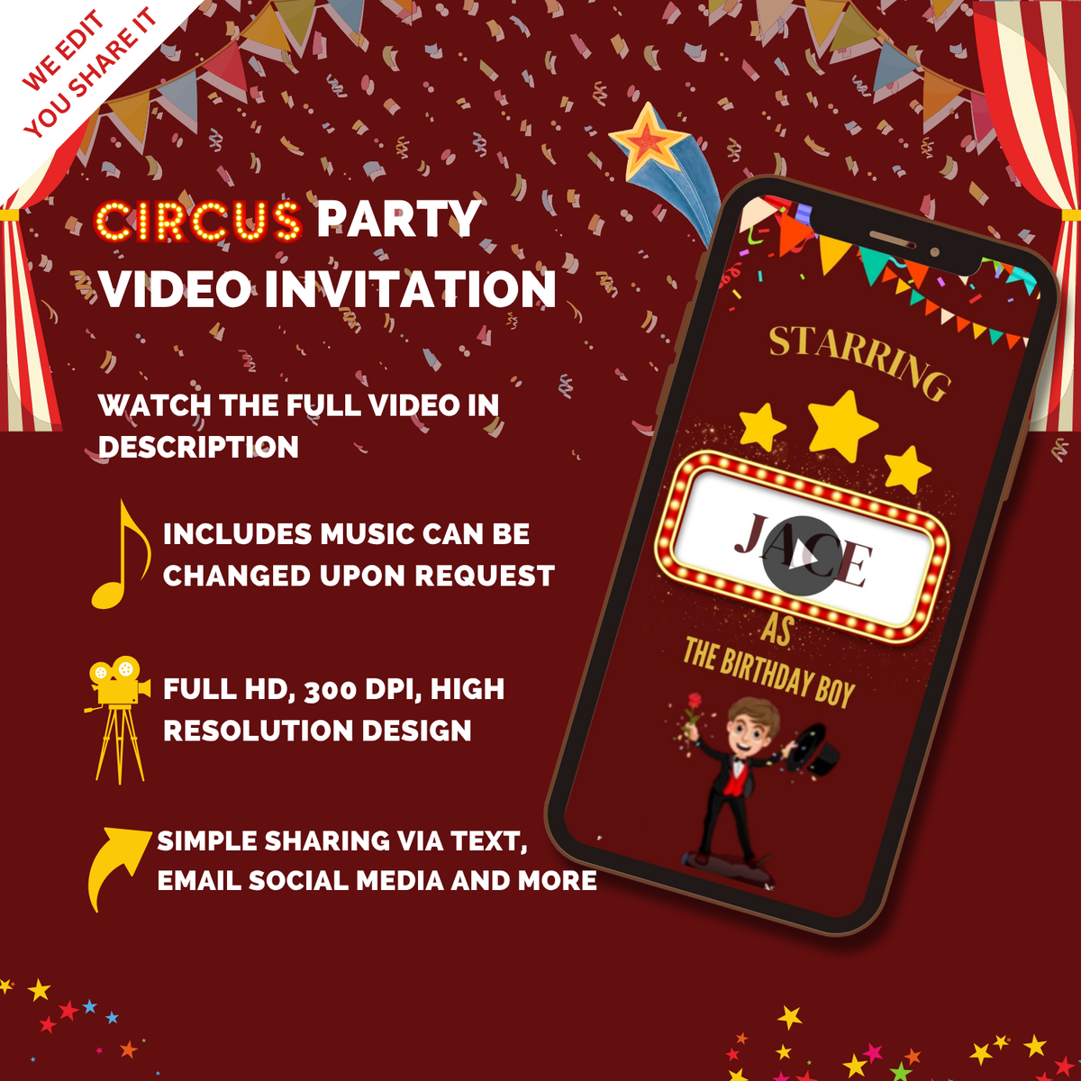 Animated Circus Birthday Video Invitation – Custom Circus Themed Party Digital Invite for Kids