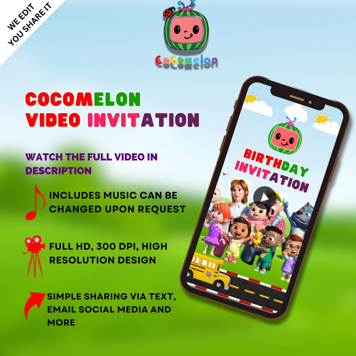 Wheels on the Bus Cocomelon Birthday Video Invitation – Animated Birthday Party Digital Invite
