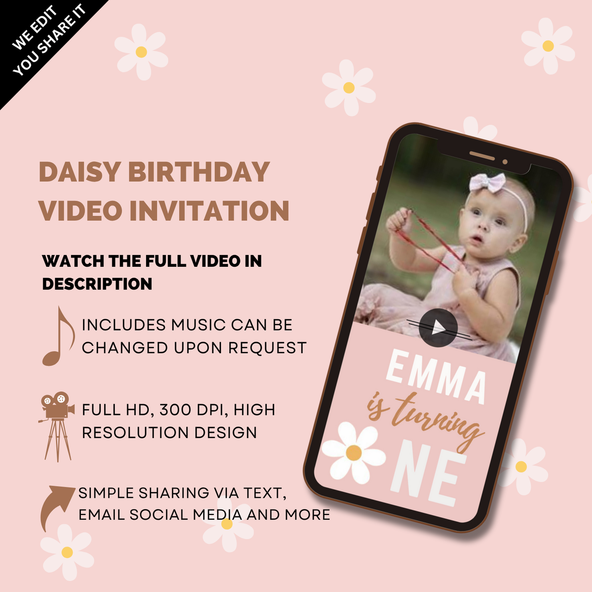 Charming Daisy Themed Birthday Video Invitation for Girls - Sweet &amp; Custom Girl’s Party Digital Invite
