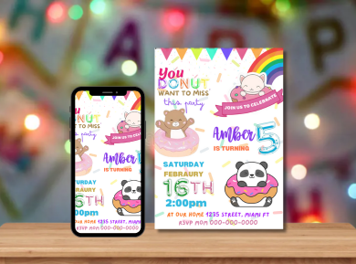 Custom Donut-Themed Digital Birthday Card Invitation - Sweet and Fun Celebration for Kids Invites