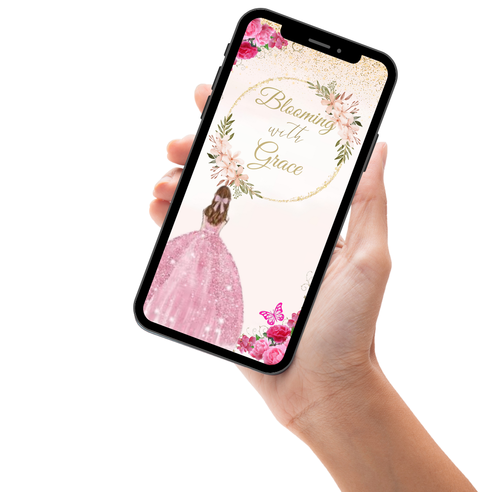 Soft Pink &amp; Gold Quinceañera Digital Invitation - For Her Special Day A Graceful Video Invite