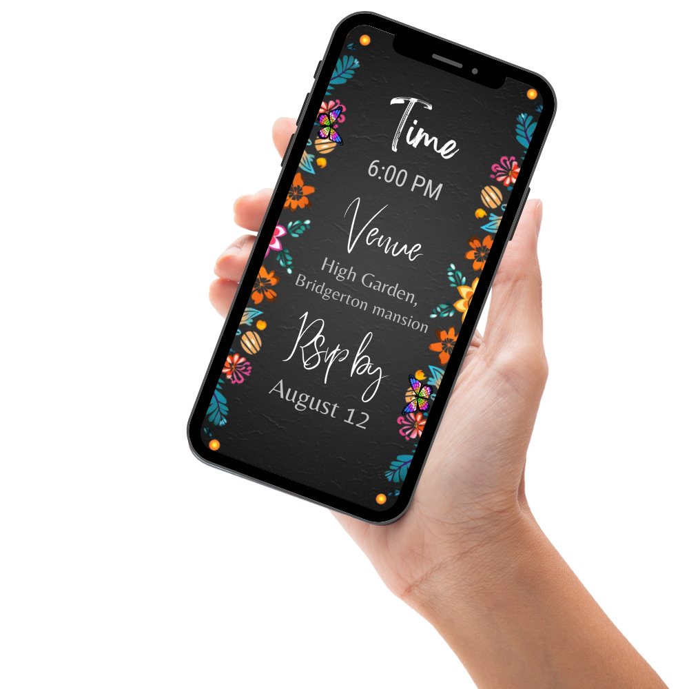 Mexican Fiesta Black Floral Quinceañera Video Invitation - Elegant Folk Art Digital Invite