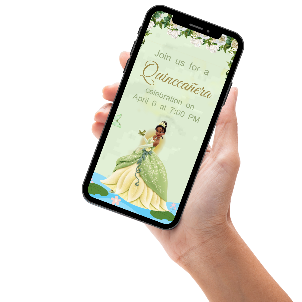 Princess Tiana Quinceañera Video Invitation in Mint Green - Celebrate Her Dream Day Digital Invite