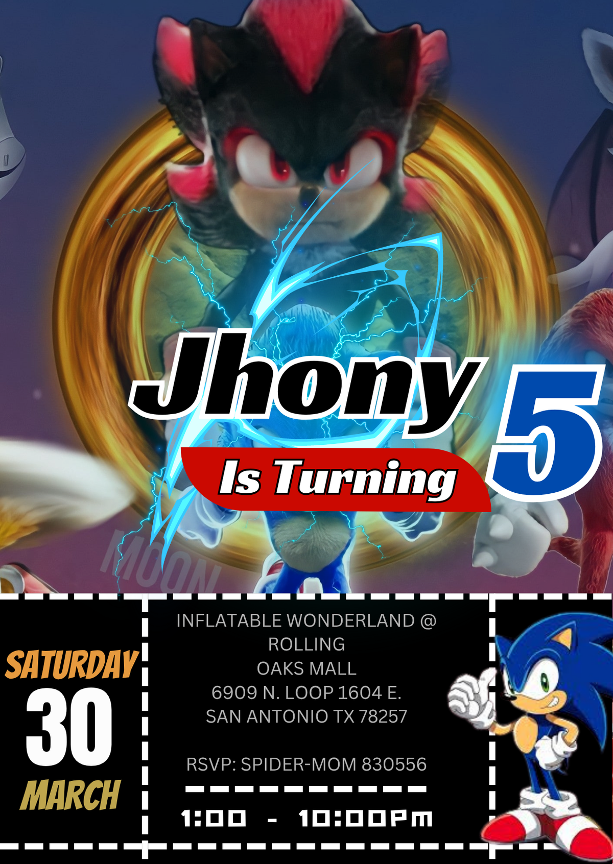 Digital Sonic Birthday Card Invitation - Mega Sonic Custom Party Card Invite