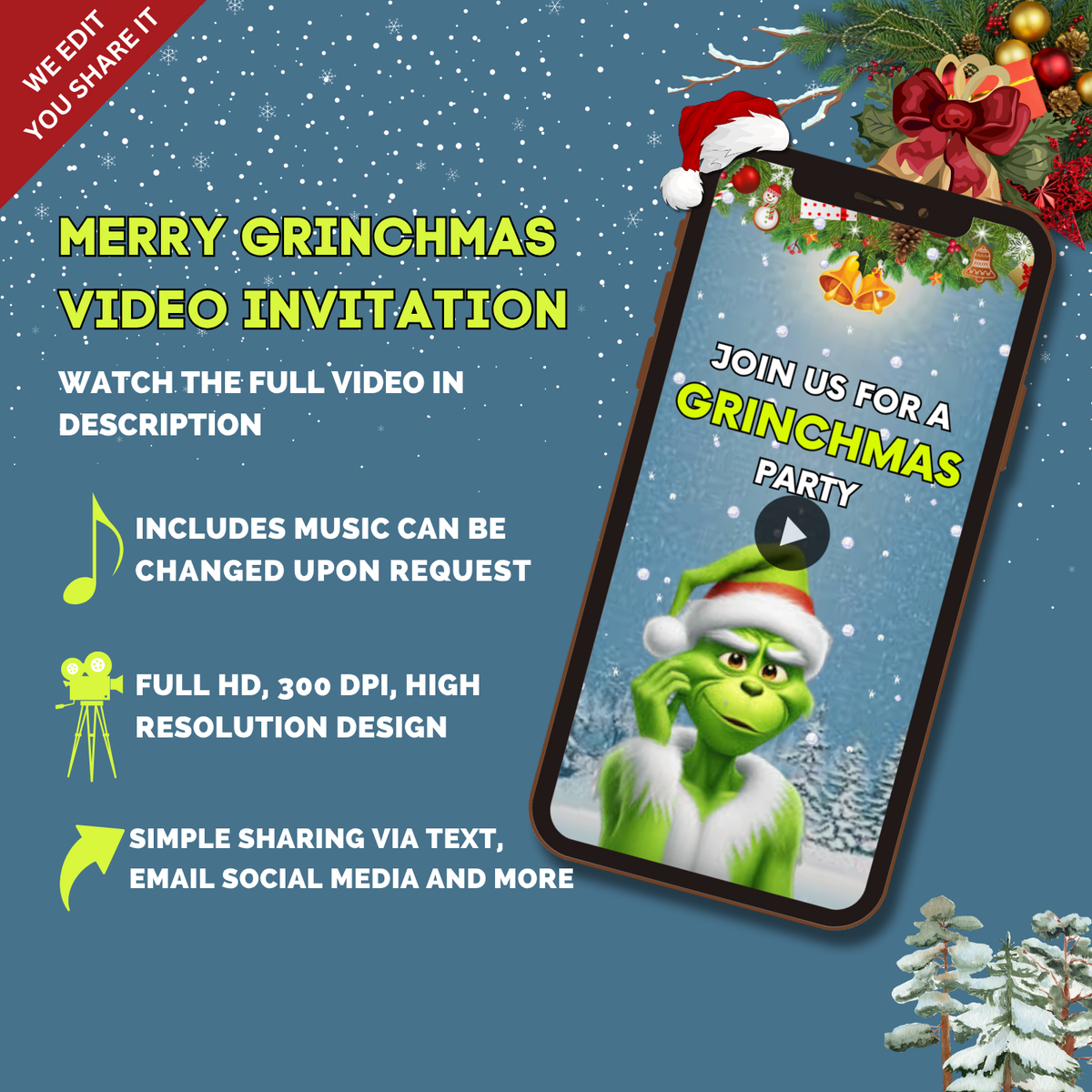 Merry Grinchmas Animated Video Invitation – Customizable Holiday Party Digital Invite