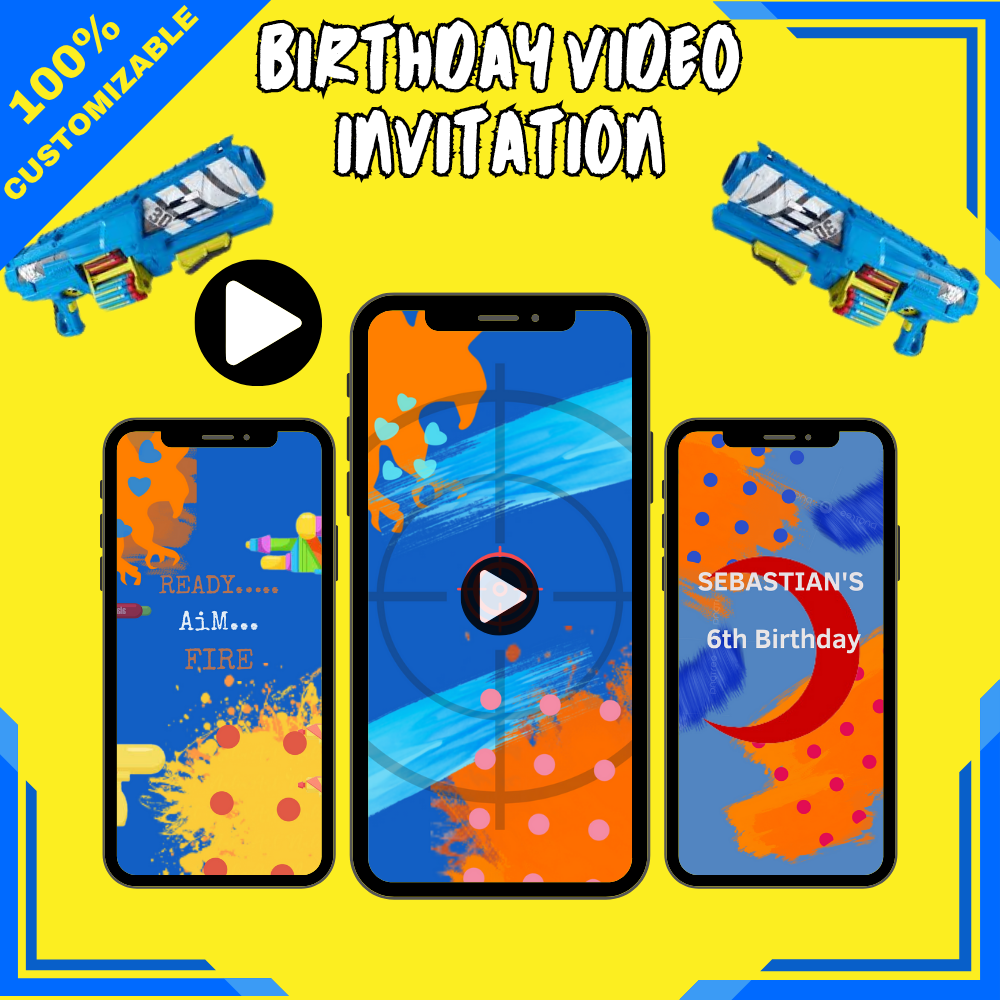 Nerf Battle Birthday Party Video Invitation - Dart Gun War Battle Theme Party Digital Invite