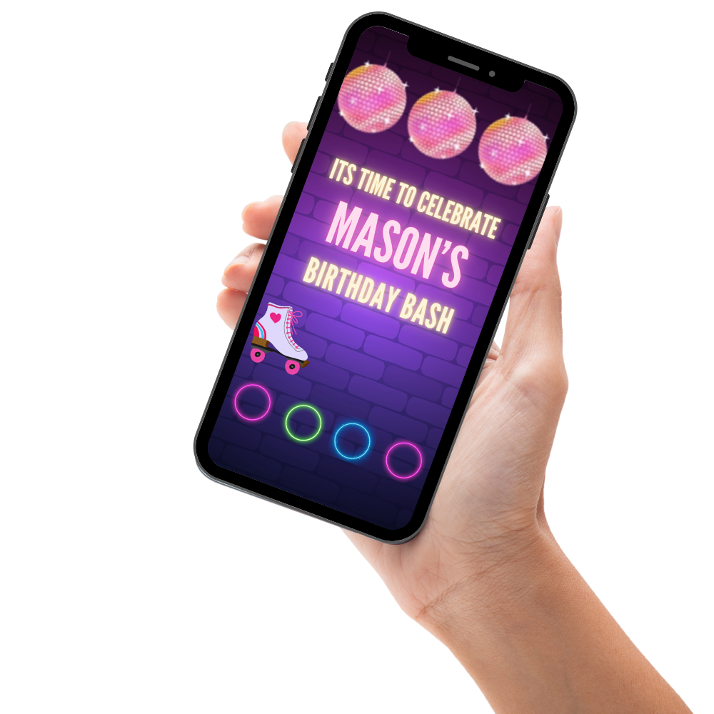 Glow in the Dark Skating Birthday Video Invitation - Digital Party Invite for Kids