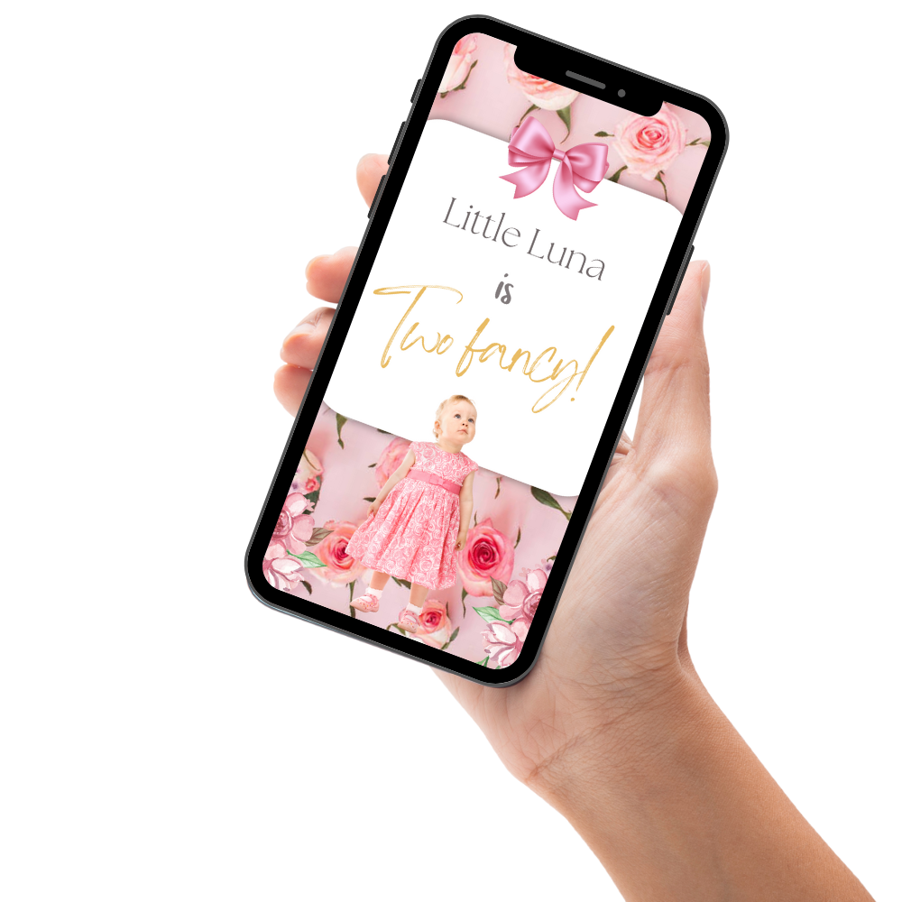 Pink Bow Girls Birthday Video Invitation For Kids - Two Fancy Digital Celebration Invite