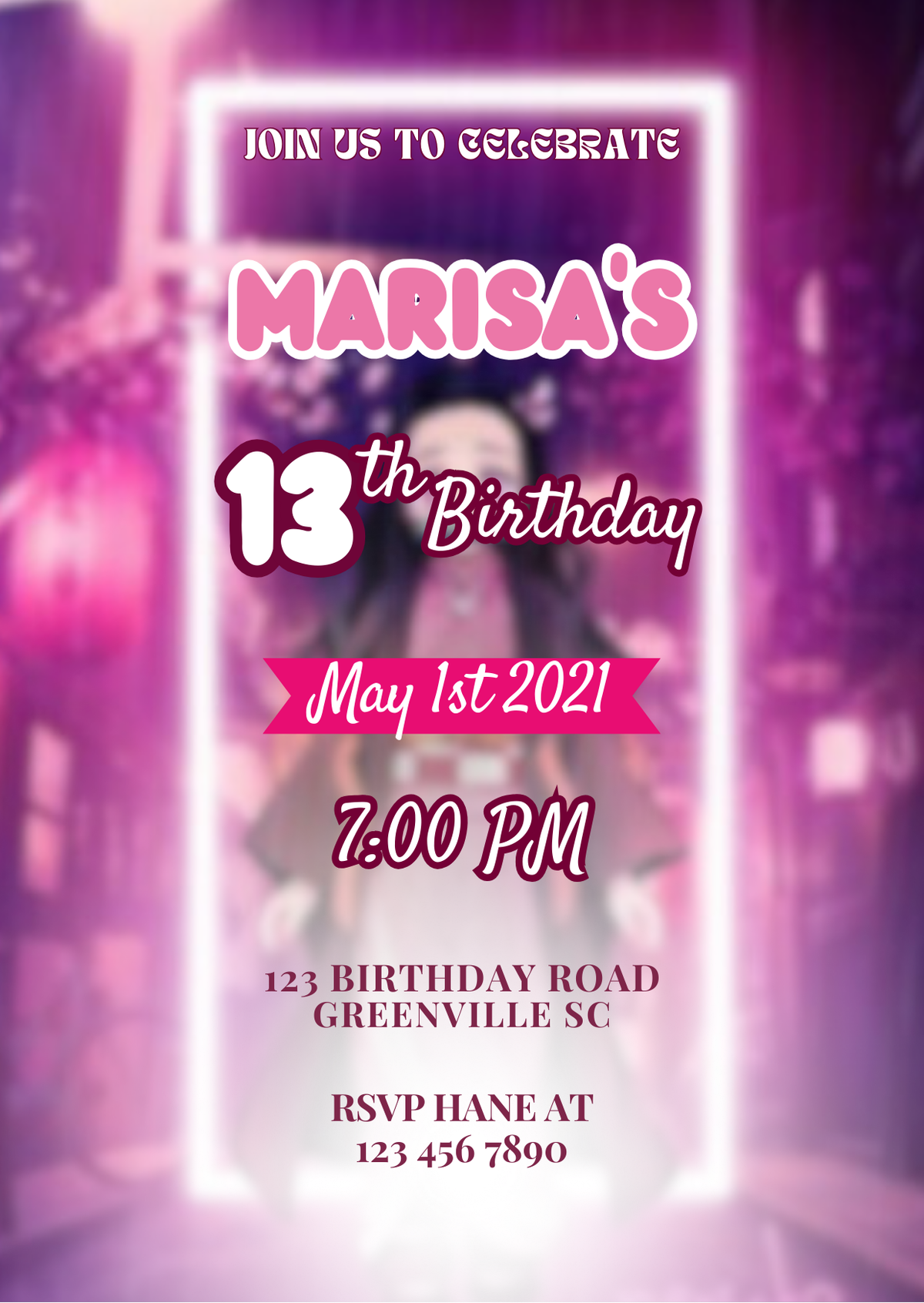 Nezuko-inspired Theme Kids Birthday Card Invitations - Custom Themed Party Digital Invite