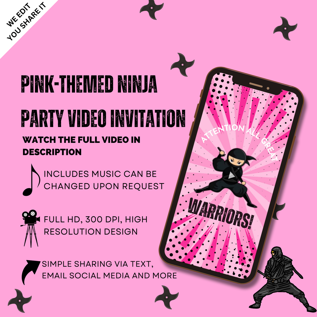 Pink-Themed Ninja Girl Birthday Digital Invitation – Animated Video Invite for Girls