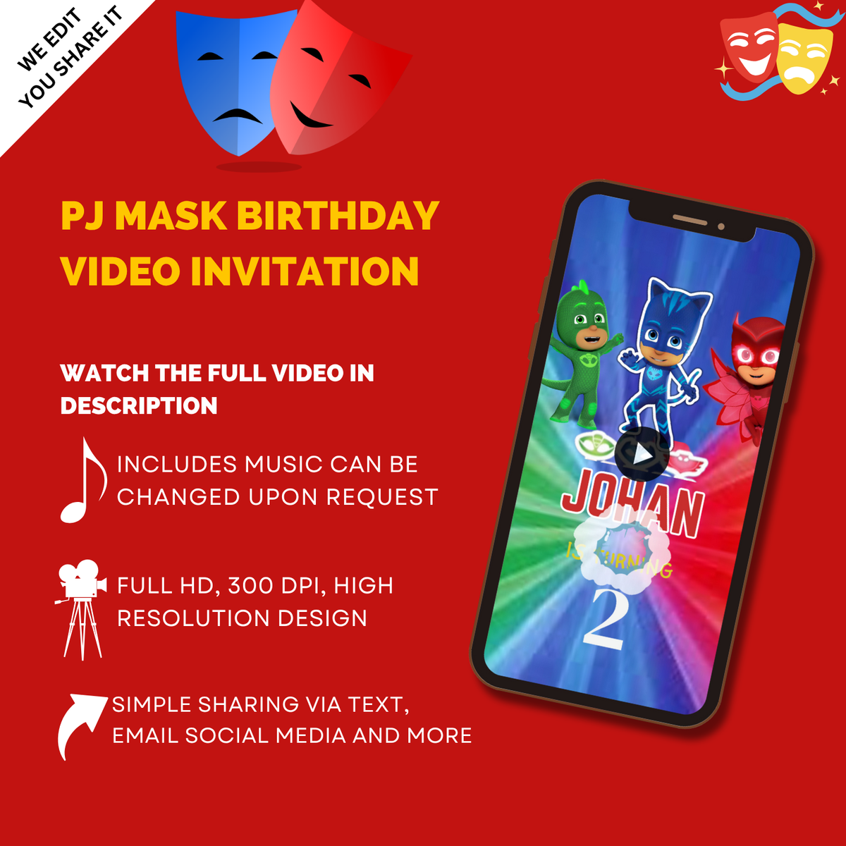 PJ Masks Theme Animated Birthday Digital Invitation – Personalized Superhero Video Invite