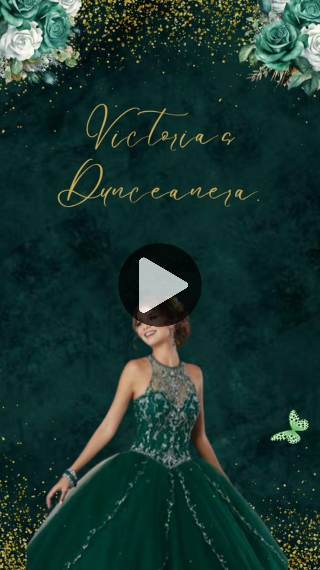 Emerald Green & Gold Quinceañera Digital Invitation - A Touch of Royal Elegance Quinceanera Video Invites