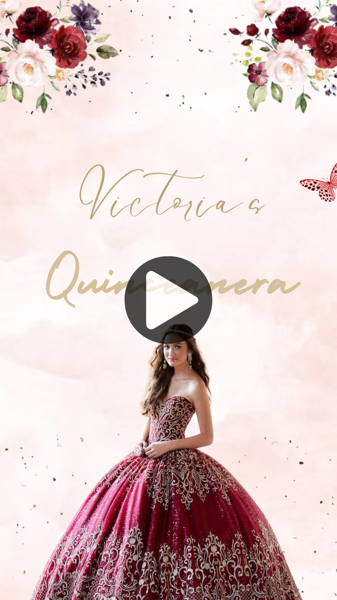 Blush & Burgundy Floral Quinceañera Video Invitation - Elegant Quinceañera Theme Digital Invite