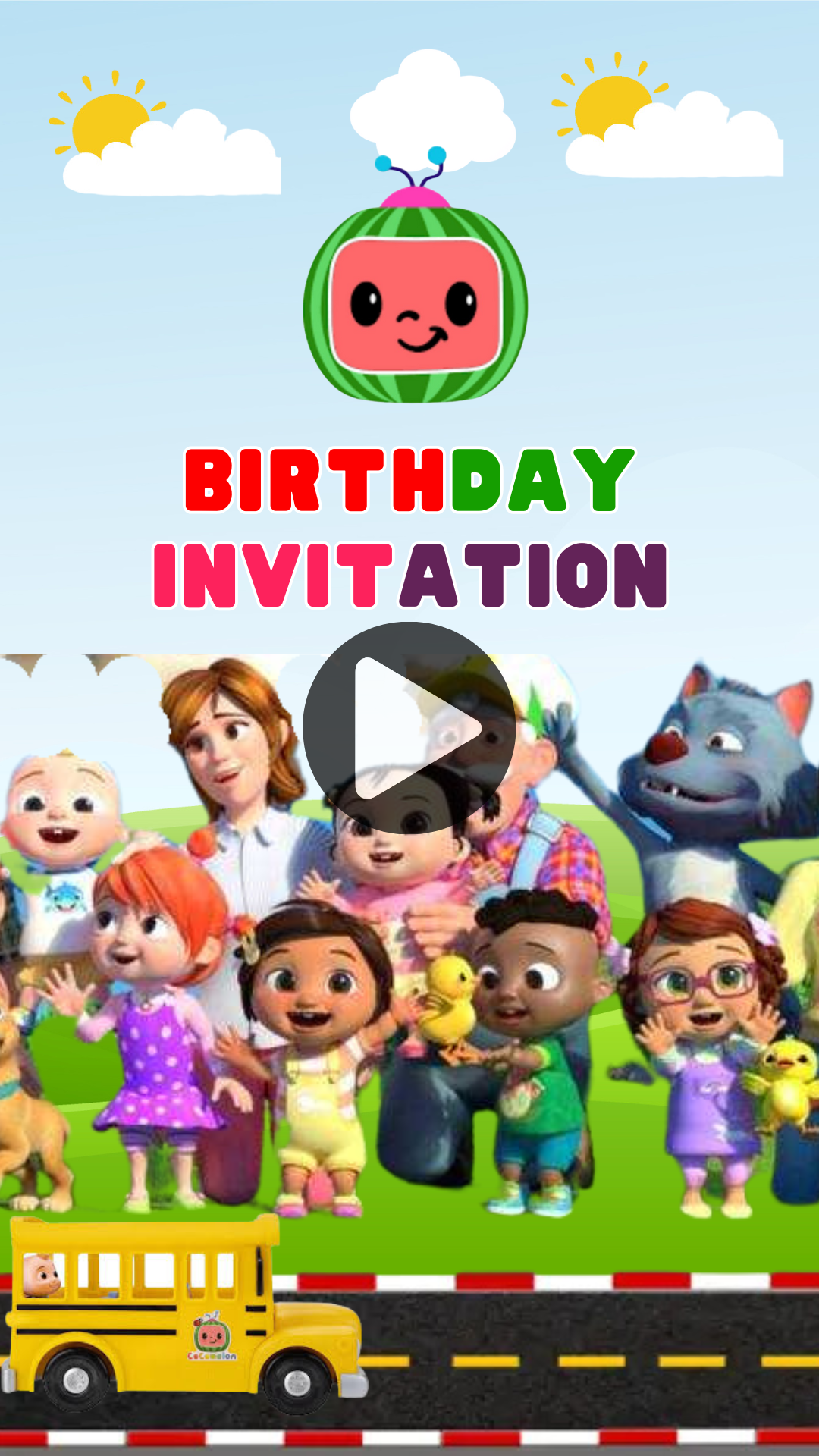 Wheels on the Bus Cocomelon Birthday Video Invitation – Animated Birthday Party Digital Invite
