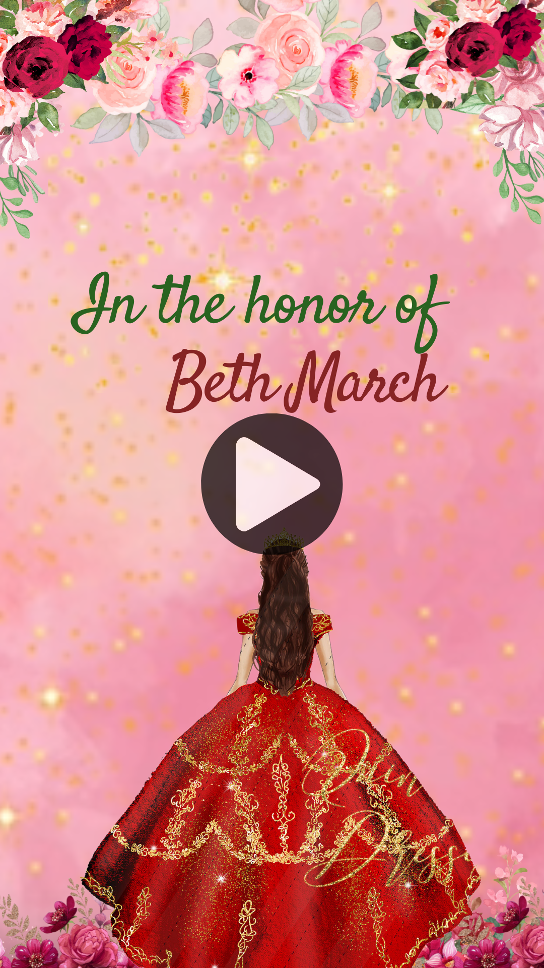 Burgundy Floral & Gold Quinceanera Video Invitation - Quinceanera Theme Digital Invite