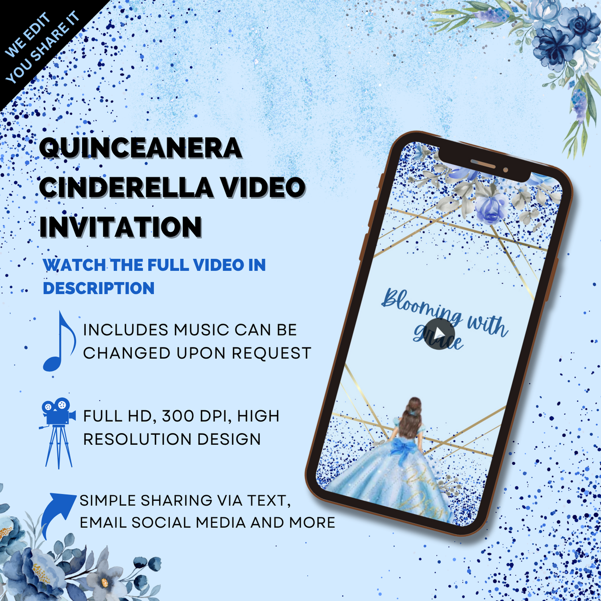 Quinceanera Cinderella Theme Party Digital Invitation – Elegant Animated Princess Video Invite