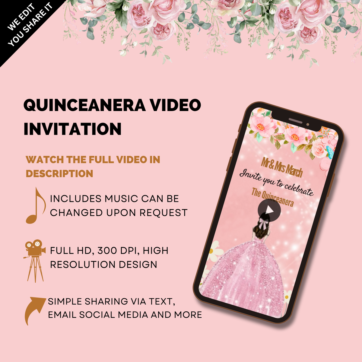 Quinceañera Pink &amp; Gold Theme Party Video Invitation – Elegant Quinceanera Theme Party Digital Invite