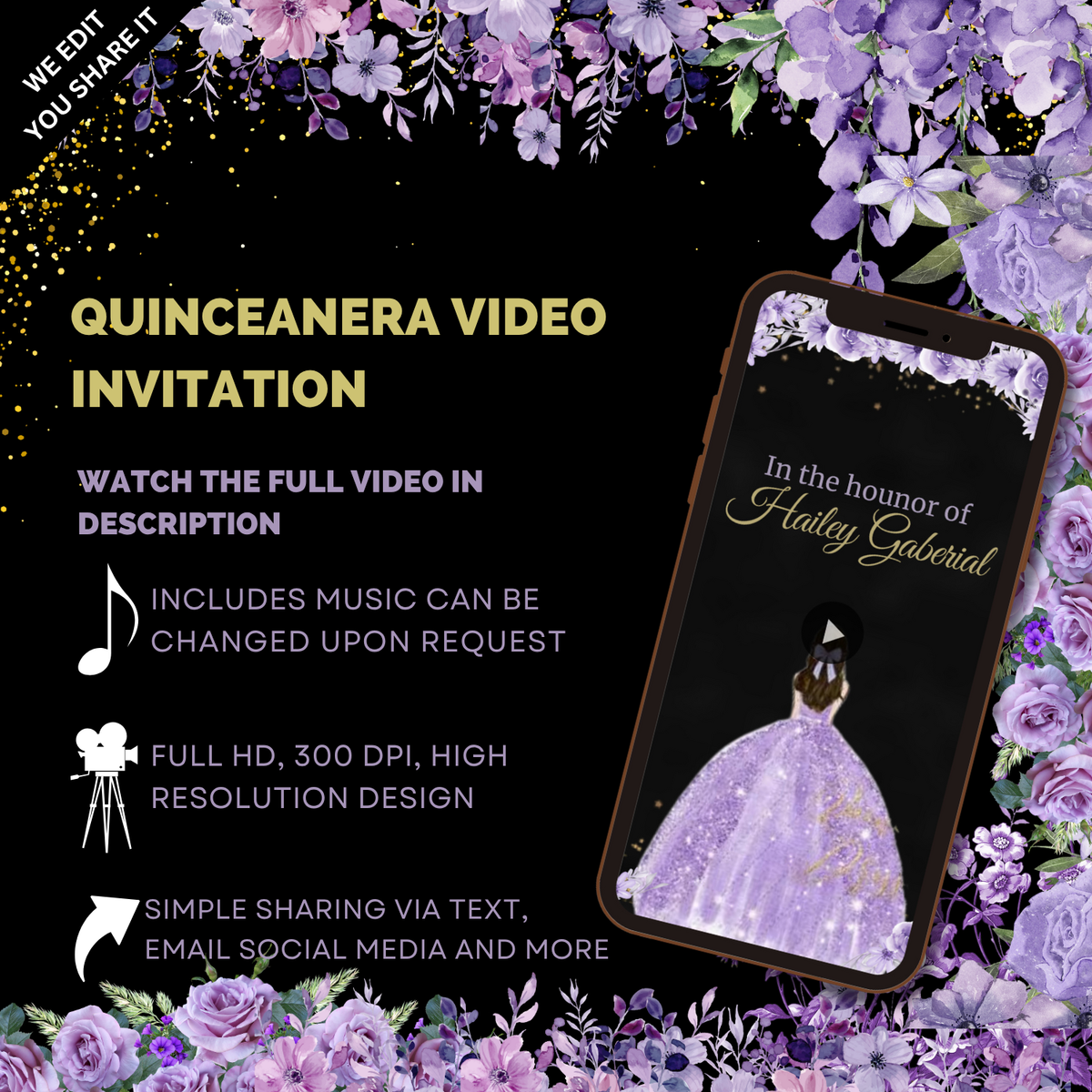 Quinceanera Black &amp; Purple Theme Party Digital Invitation – Elegant Theme Video Invite
