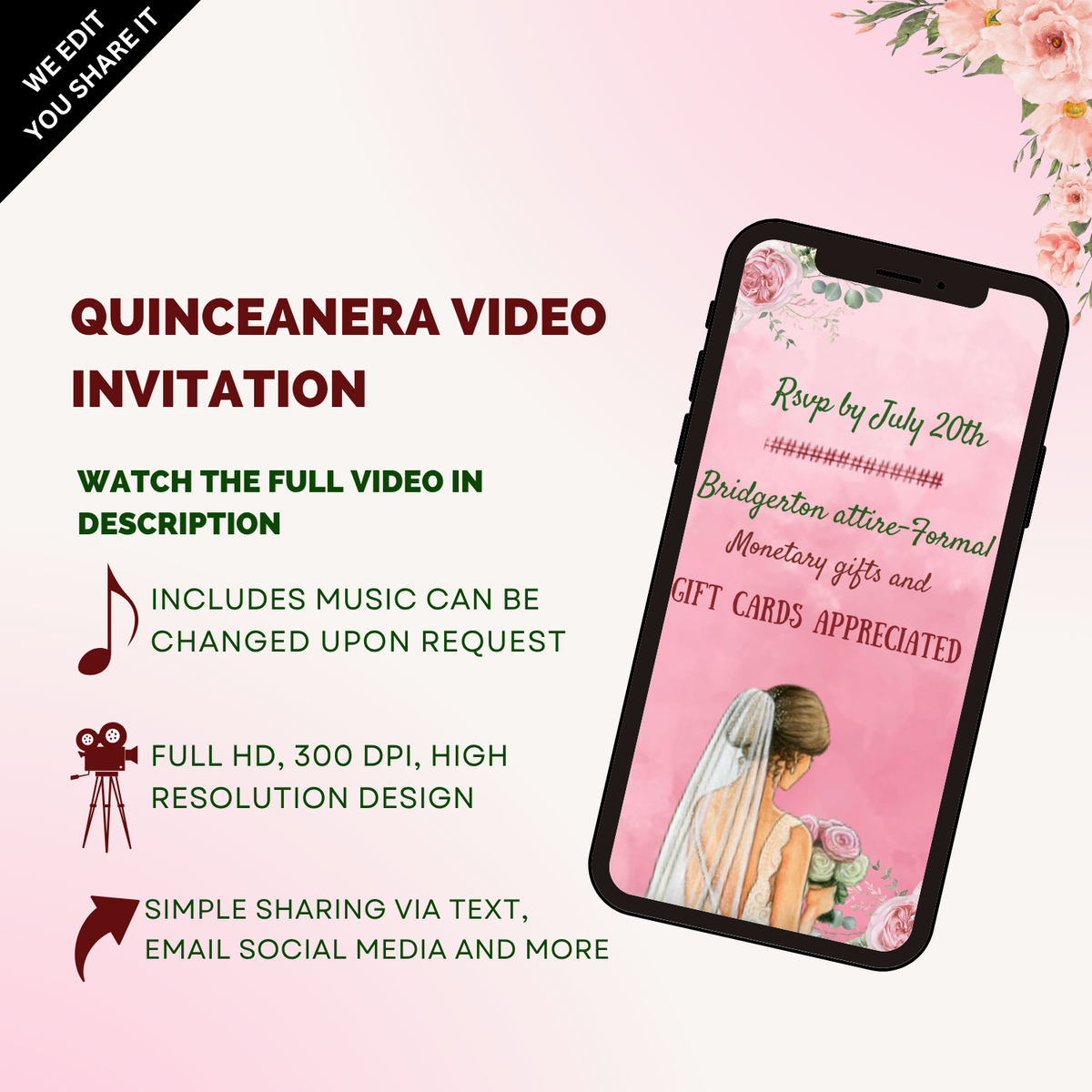 Quinceañera Party Blush Pink Floral Video Invitation – Elegant Theme Digital Invite