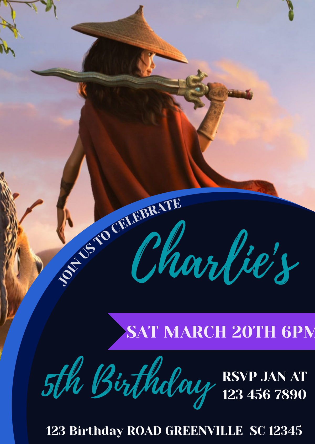 Raya and the Last Dragon Digital Birthday Invitation - Personalized Theme Card Invites