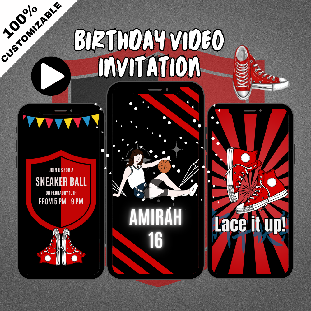 Red Sneaker Ball Birthday Video Invitation – Glam &amp; Urban Animated Party Digital Invite