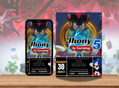 Digital Sonic Birthday Card Invitation - Mega Sonic Custom Party Card Invite
