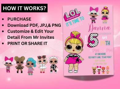 Glittery LOL Surprise Doll Theme Birthday Invitation - Personalized Party Card Invites