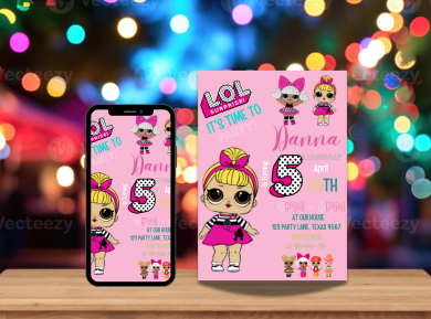 Glittery LOL Surprise Doll Theme Birthday Invitation - Personalized Party Card Invites