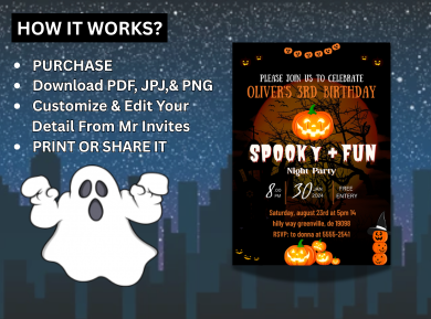 Spooky Pumpkin Halloween Digital Birthday Invitation - Spooky Theme Party Card Invite