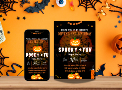 Spooky Pumpkin Halloween Digital Birthday Invitation - Spooky Theme Party Card Invite