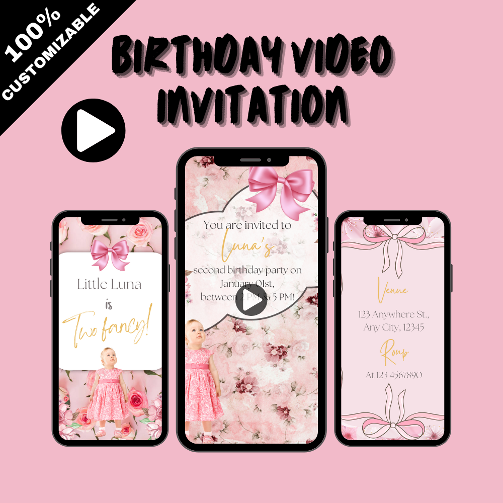 Pink Bow Girls Birthday Video Invitation For Kids - Two Fancy Digital Celebration Invite