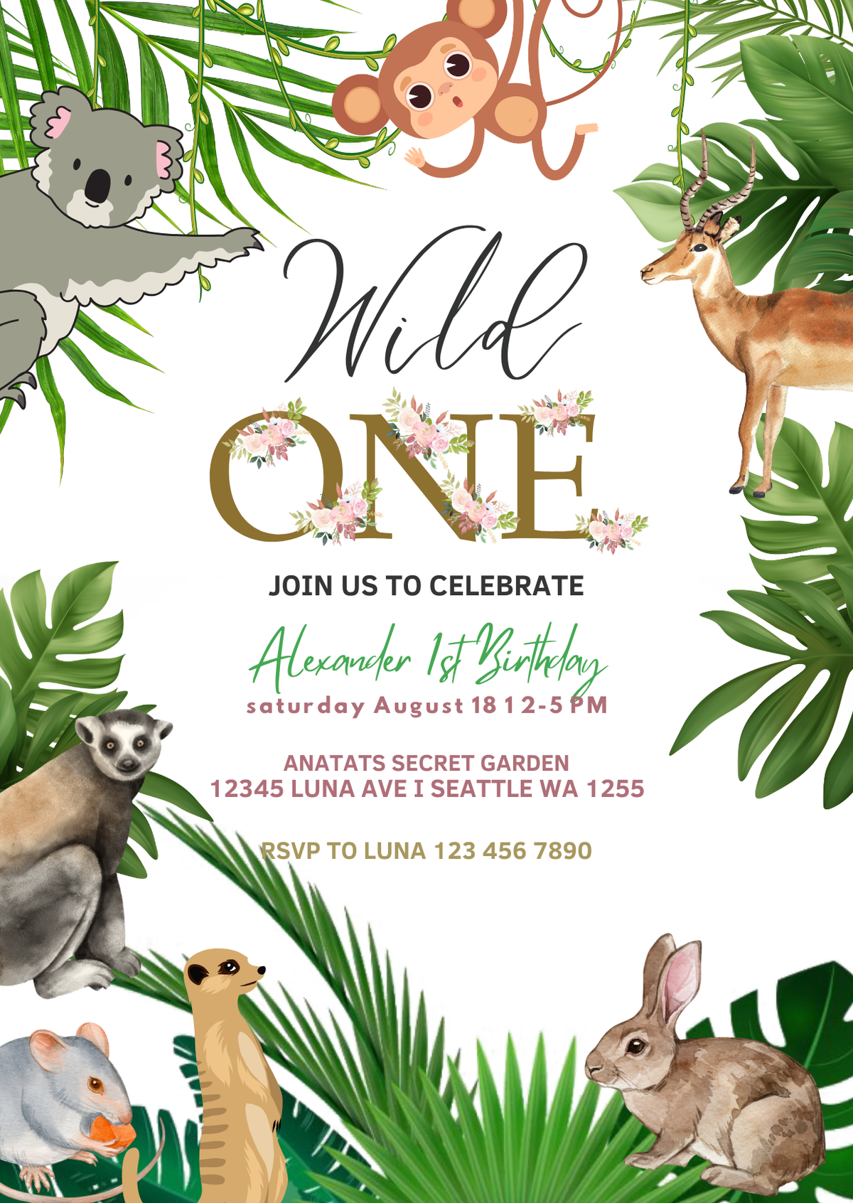 Safari Wild One Theme Digital Birthday Card Invitation - Fun and Adventure Theme Invites