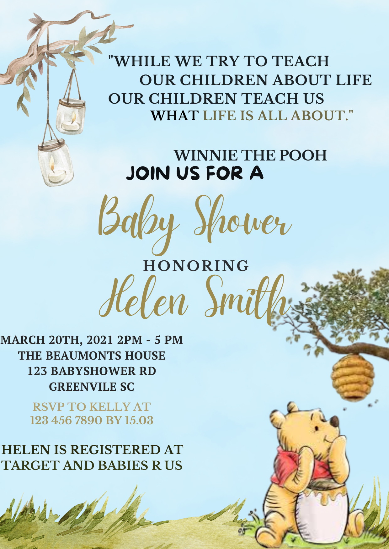 Winnie the Pooh Baby Shower Party Digital Invitation - Cute & Customizable Theme Invite